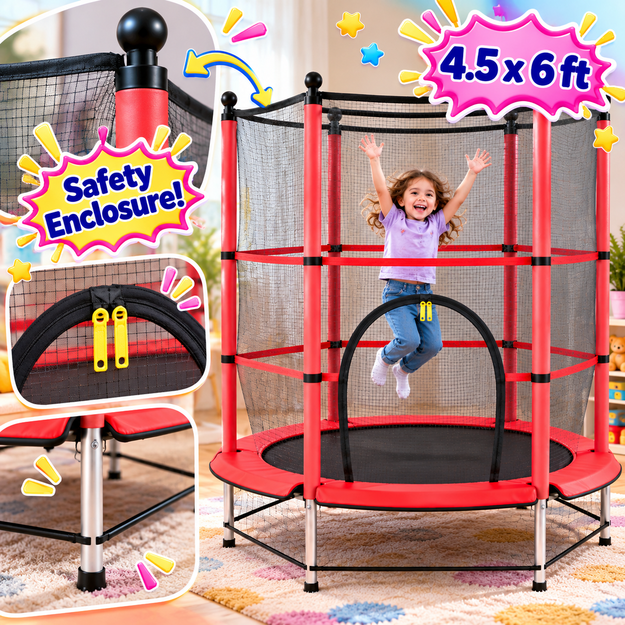 4.5 x 6ft Indoor Trampoline with Safety Enclosure