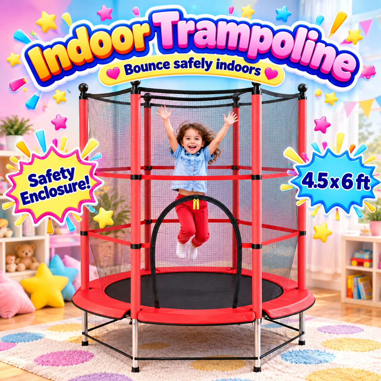 4.5 x 6ft Indoor Trampoline with Safety Enclosure