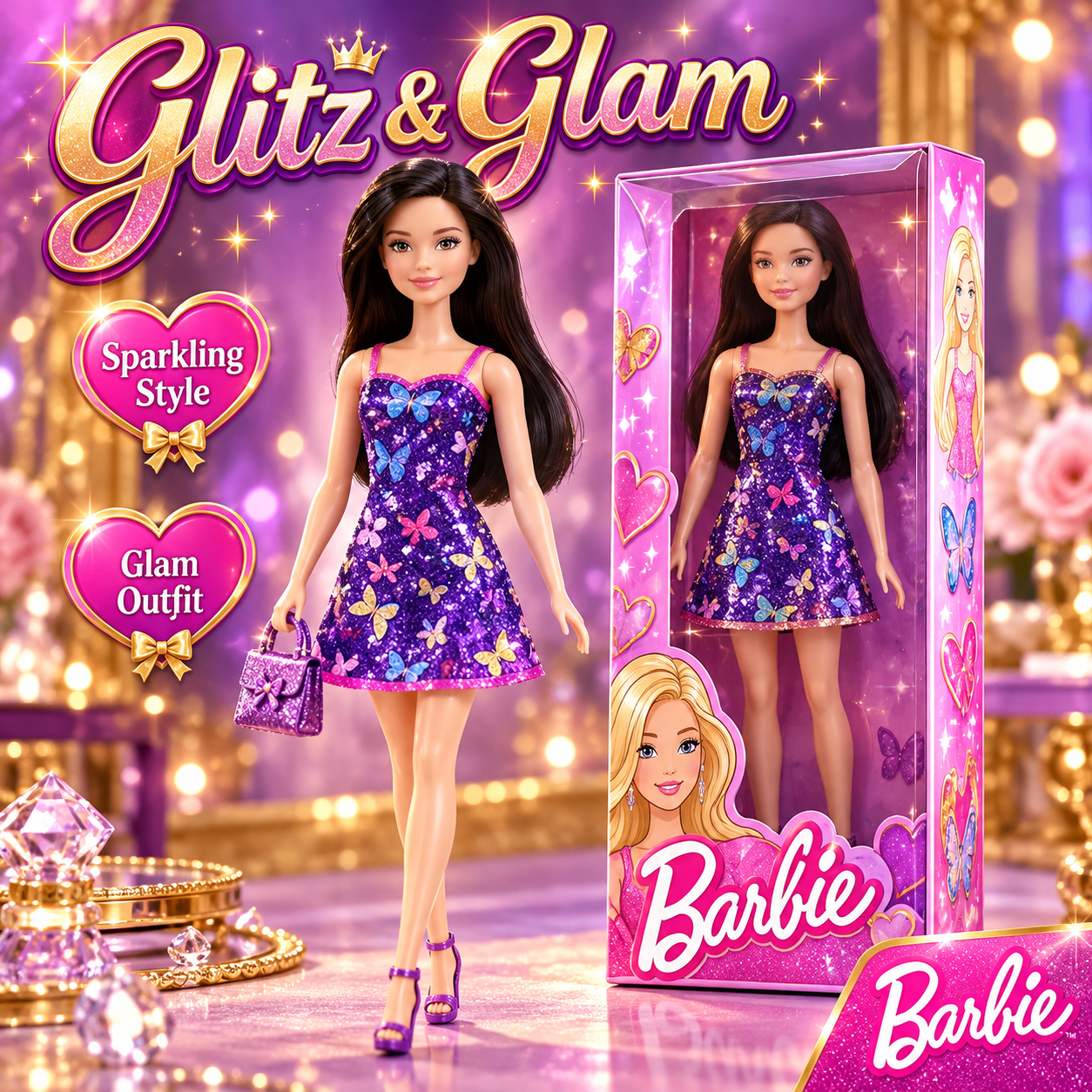 Barbie Glitz Doll – Lavender Metallic Dress by Mattel