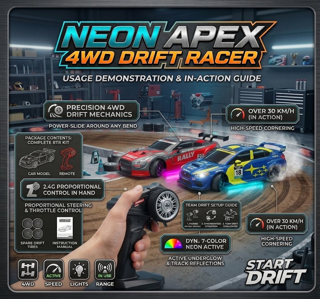 4WD RC Drift Car with 7-Color Neon Lights & Extra Tires – 2.4GHz 30KM/H