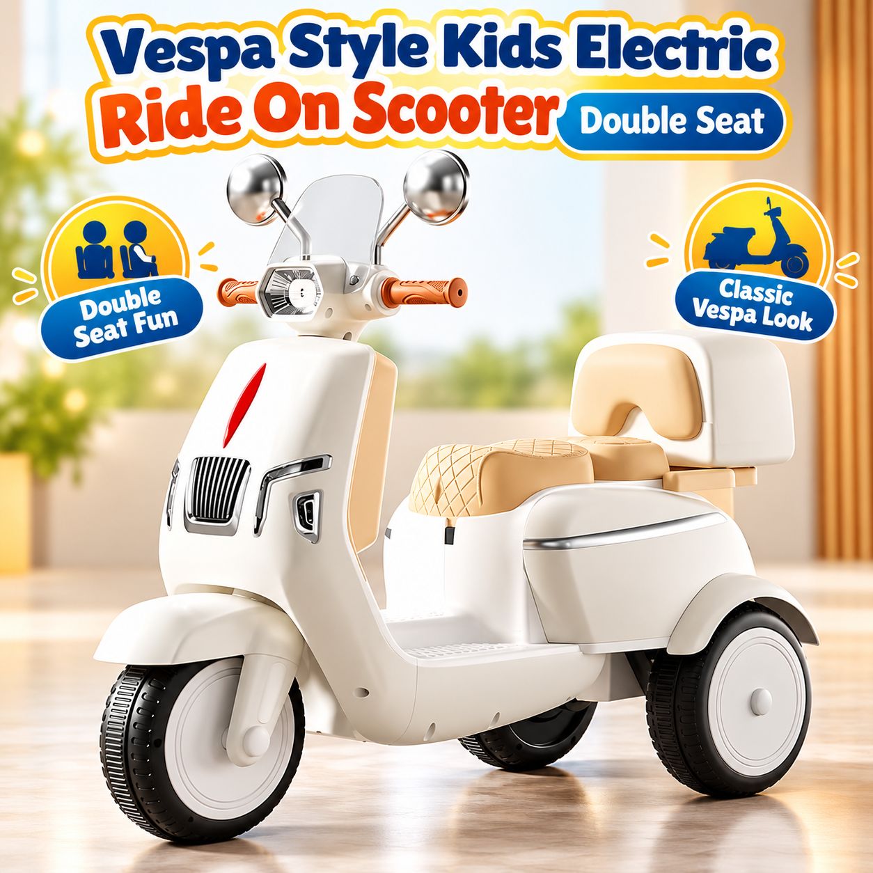 Vespa Style Kids Electric Ride On Scooter with Double Seat – White