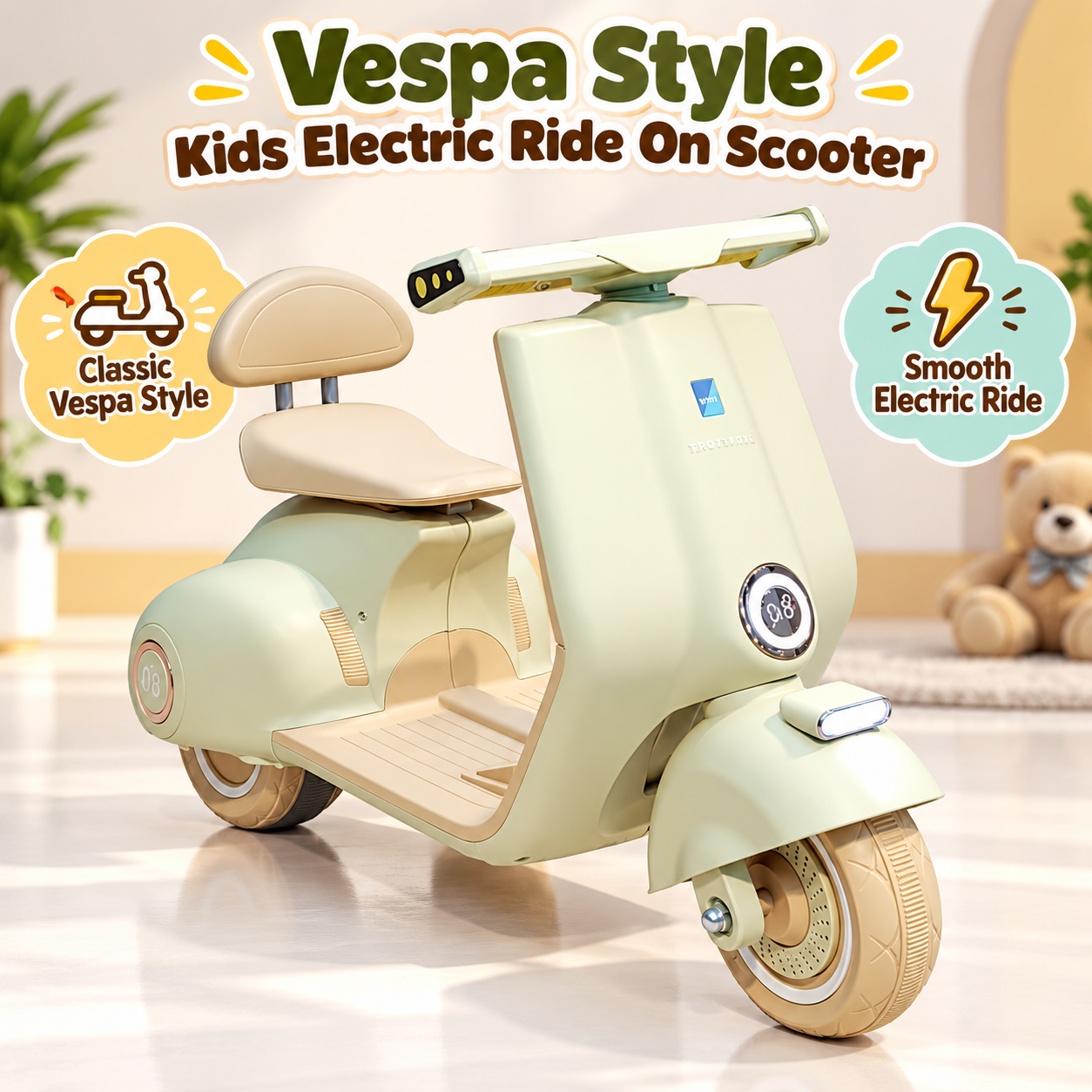 Vespa Style Kids Electric Ride On Scooter – Cream Beige
