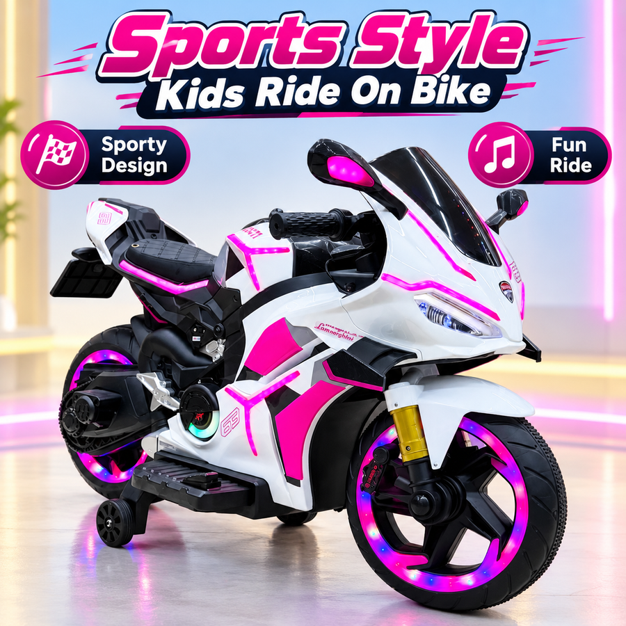 Sports Style Kids Electric Ride On Bike – White & Pink