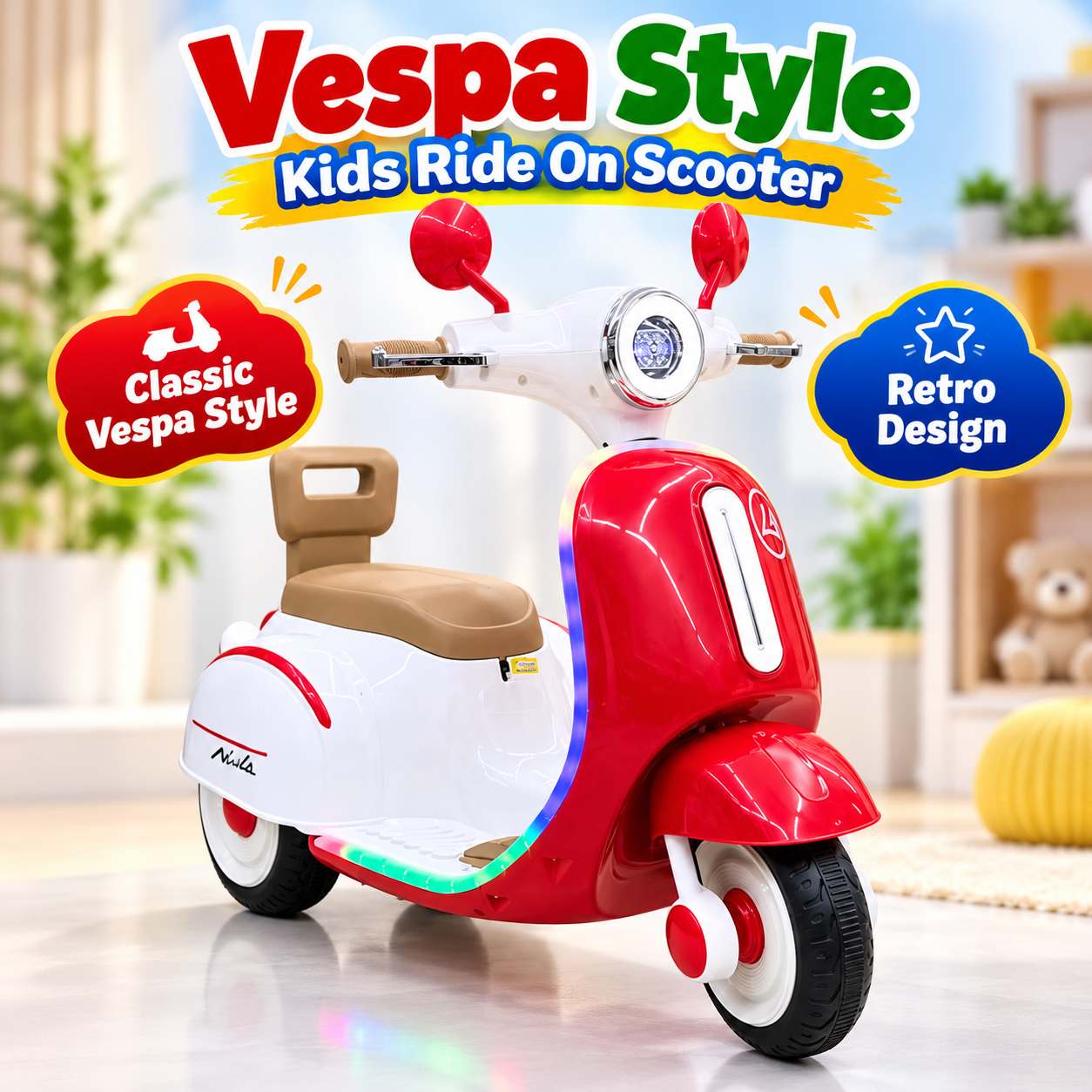Vespa Style Kids Electric Ride On Scooter – Red & White