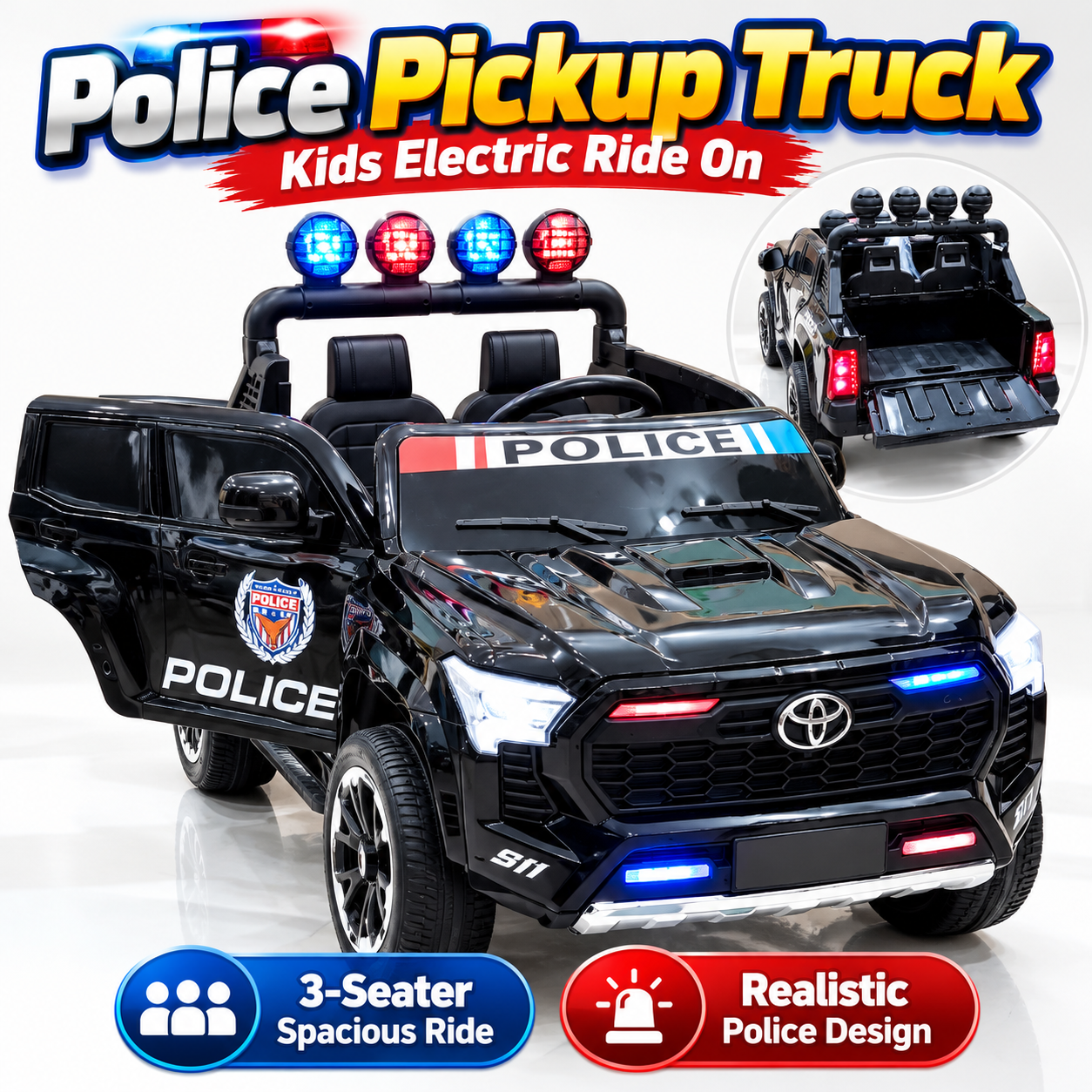 Police Pickup Truck Kids Electric Ride On – Big 3 Seater