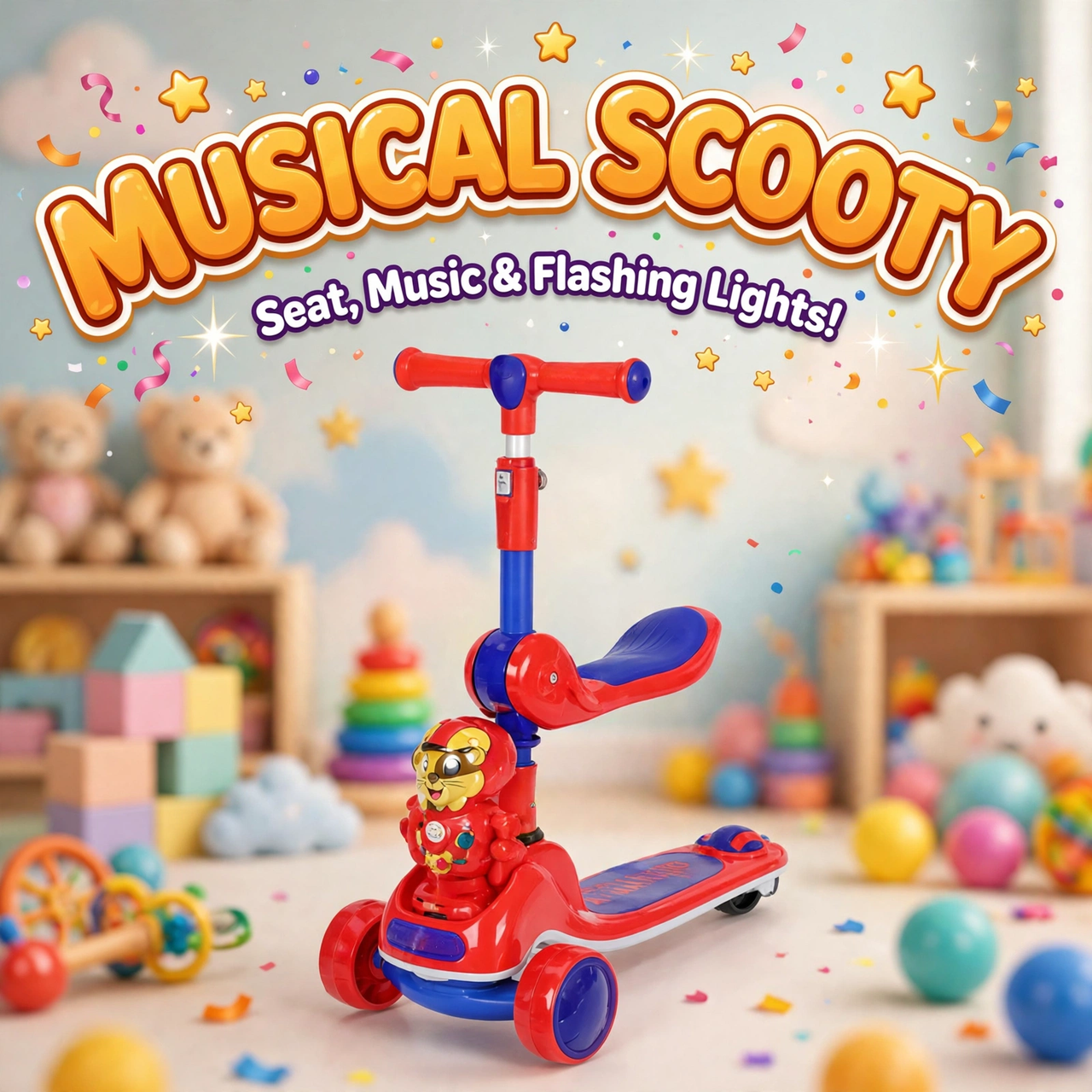 Musical 3-wheel kids scooty with seat, lights and music