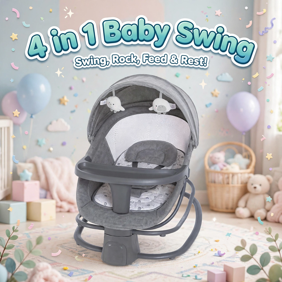 Mastela 4-in-1 Deluxe Electric Baby Swing with Feeding Tray — Grey