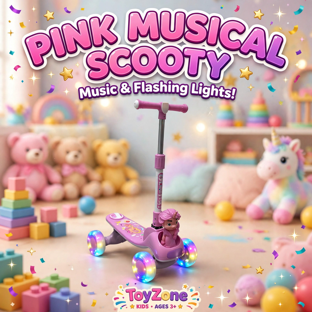 Pink musical 3-wheel kids scooty with lights and music