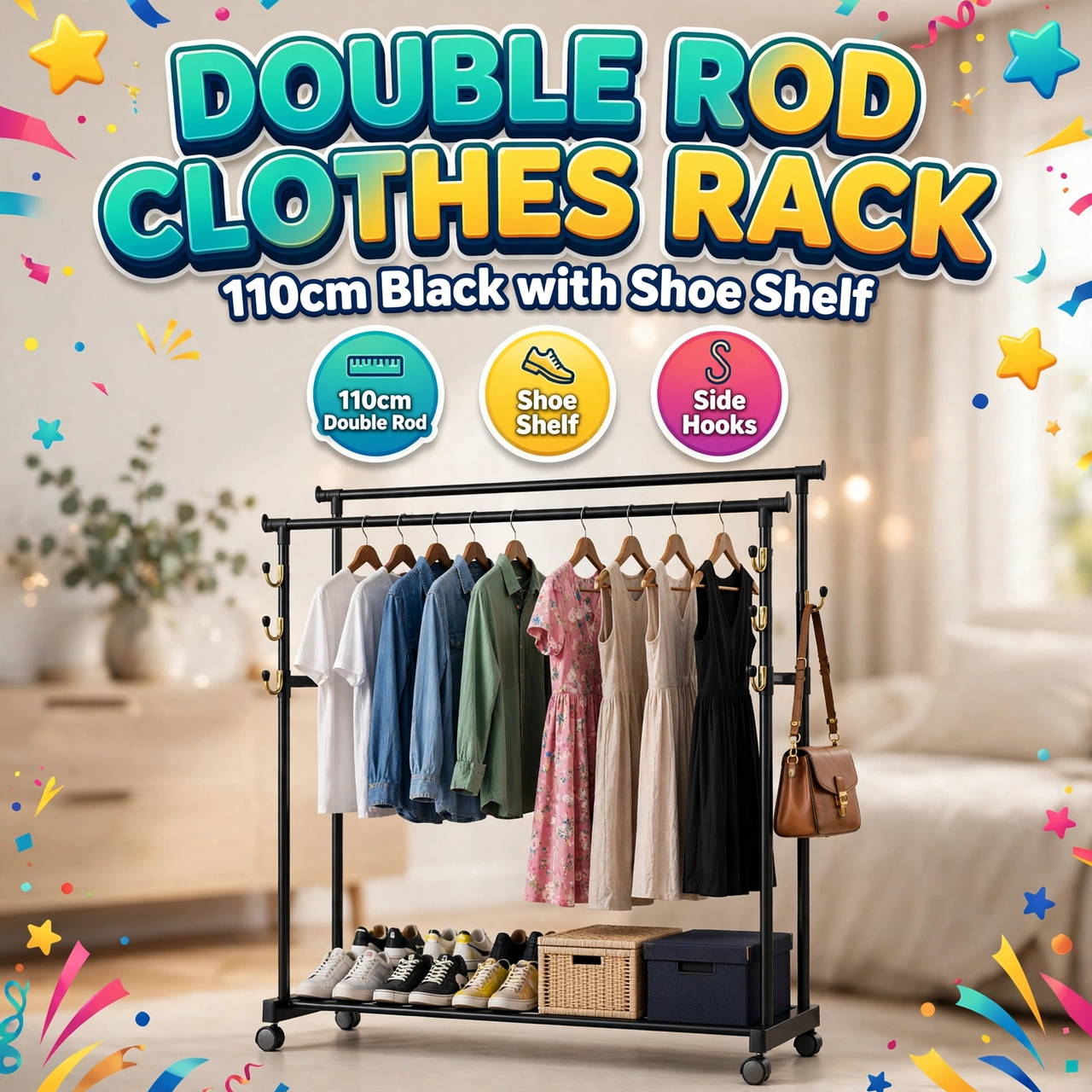 BZ Double Rod Clothes Rack 110cm Black with Shoe Shelf