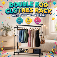 Double Rod Clothes Rack 110cm Black with Shoe Shelf