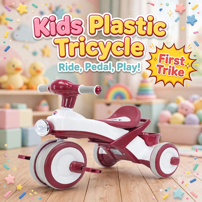 Children's red and white plastic tricycle