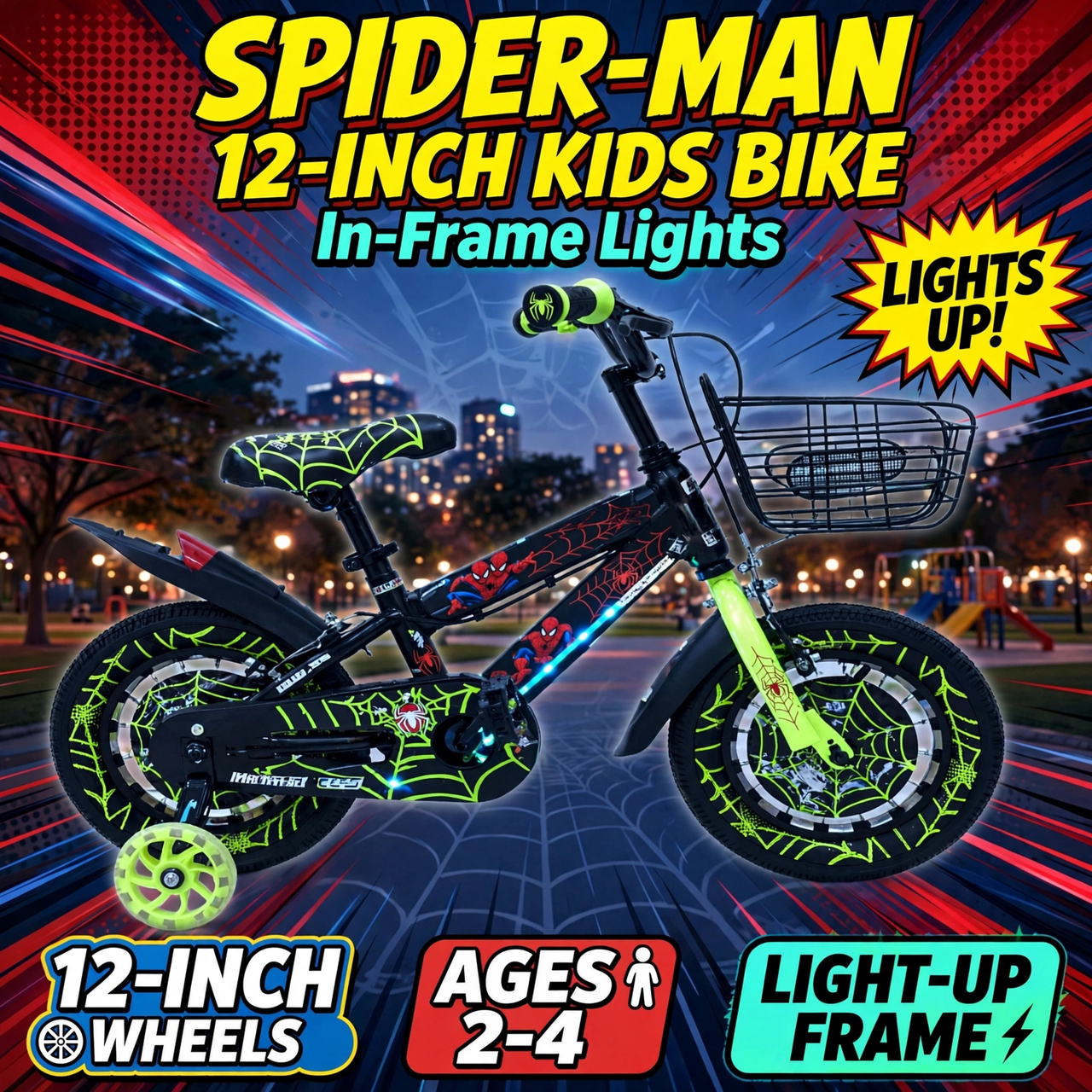 Spider-Man 12-inch kids bicycle with in-frame lights - hero image