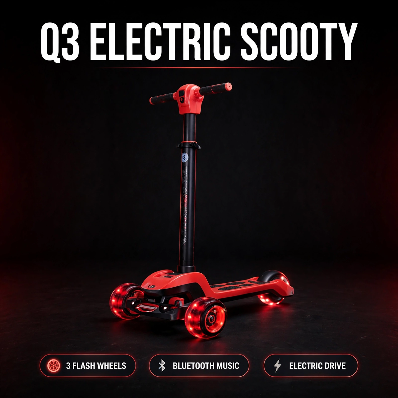 Electric scooty with 3 flash wheels and Bluetooth music