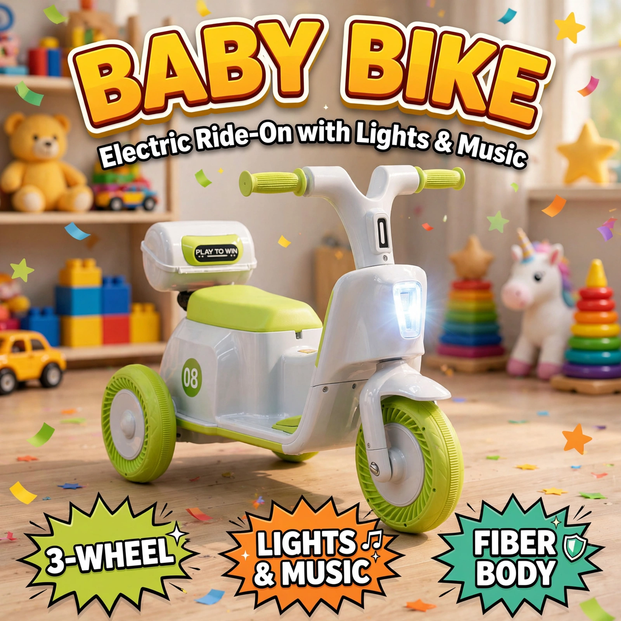 Baby Bike 3-Wheel Electric Ride-On with Lights & Music