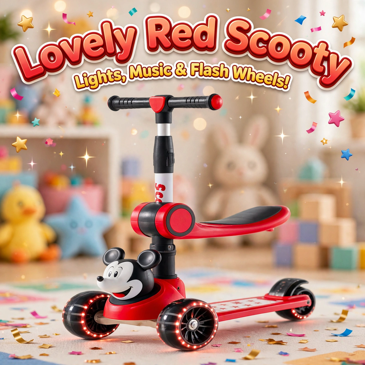 Lovely Red Mouse 3-Wheel Kids Scooty with seat, lights and music