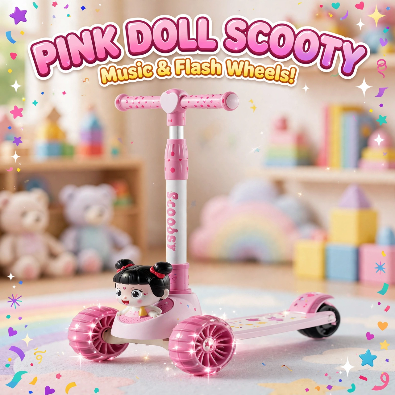 Lovely Pink Doll 3-Wheel Kids Scooty with lights and music