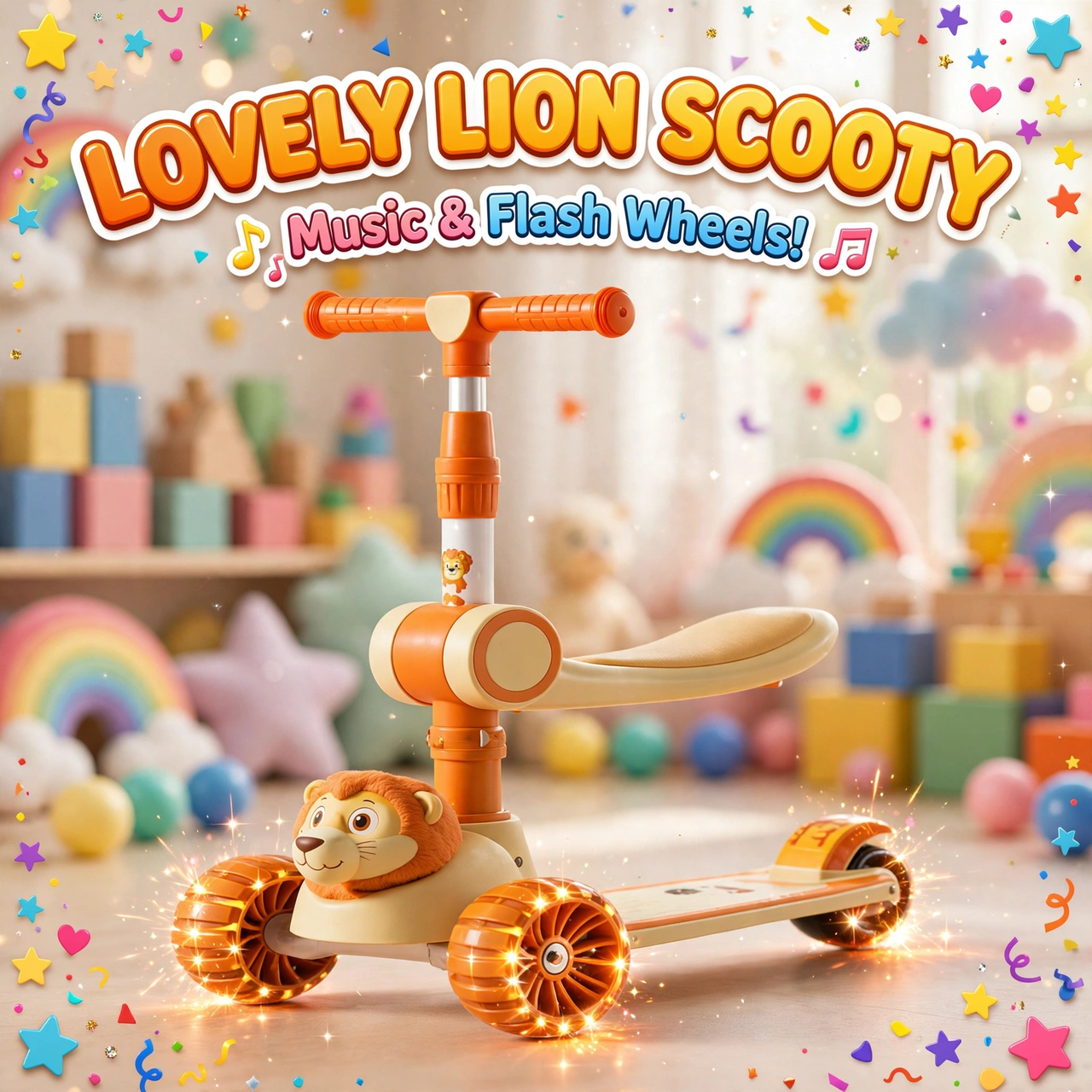 Lovely Lion 3-Wheel Kids Scooty with seat, lights and music