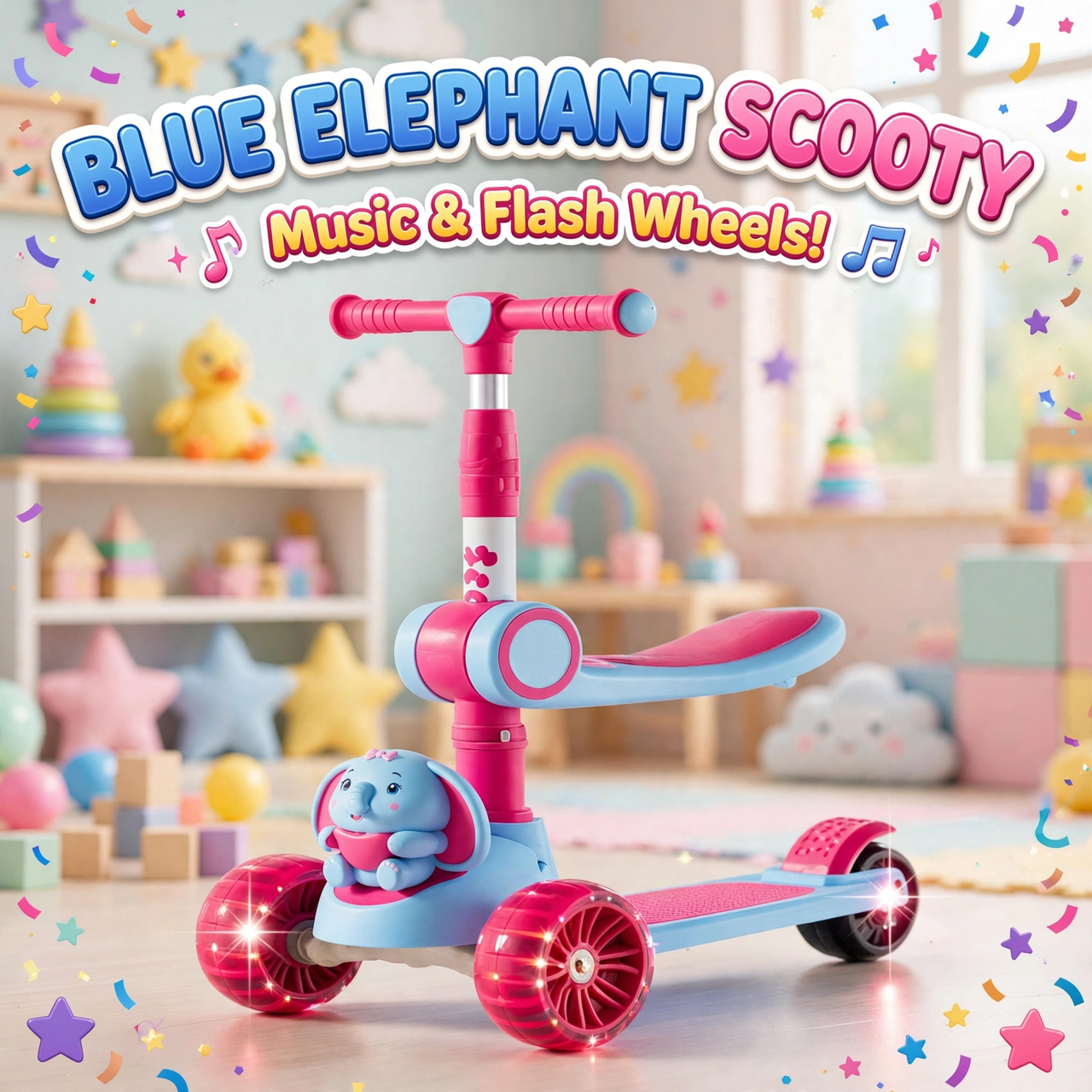 Lovely Blue Elephant 3-Wheel Kids Scooty with seat, lights and music