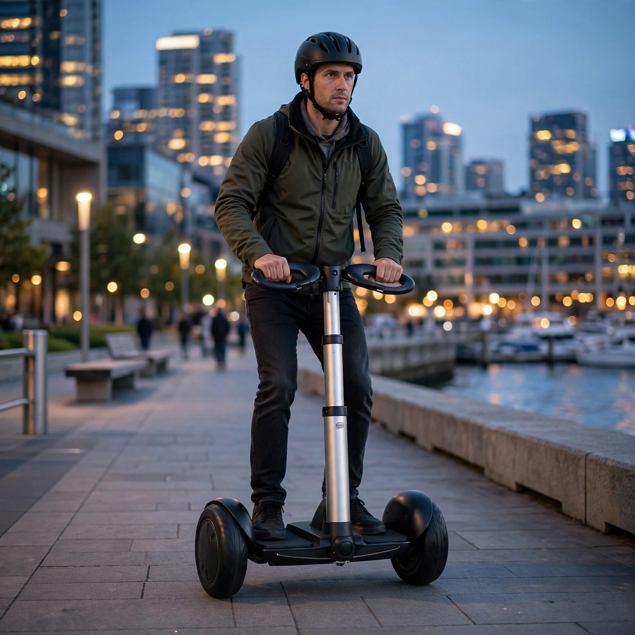 Adult riding the Volt Glide balance scooter on a city promenade
