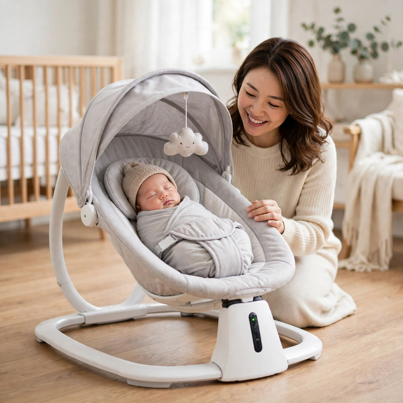 Mother rocking her newborn in the Kidilo grey electric baby swing
