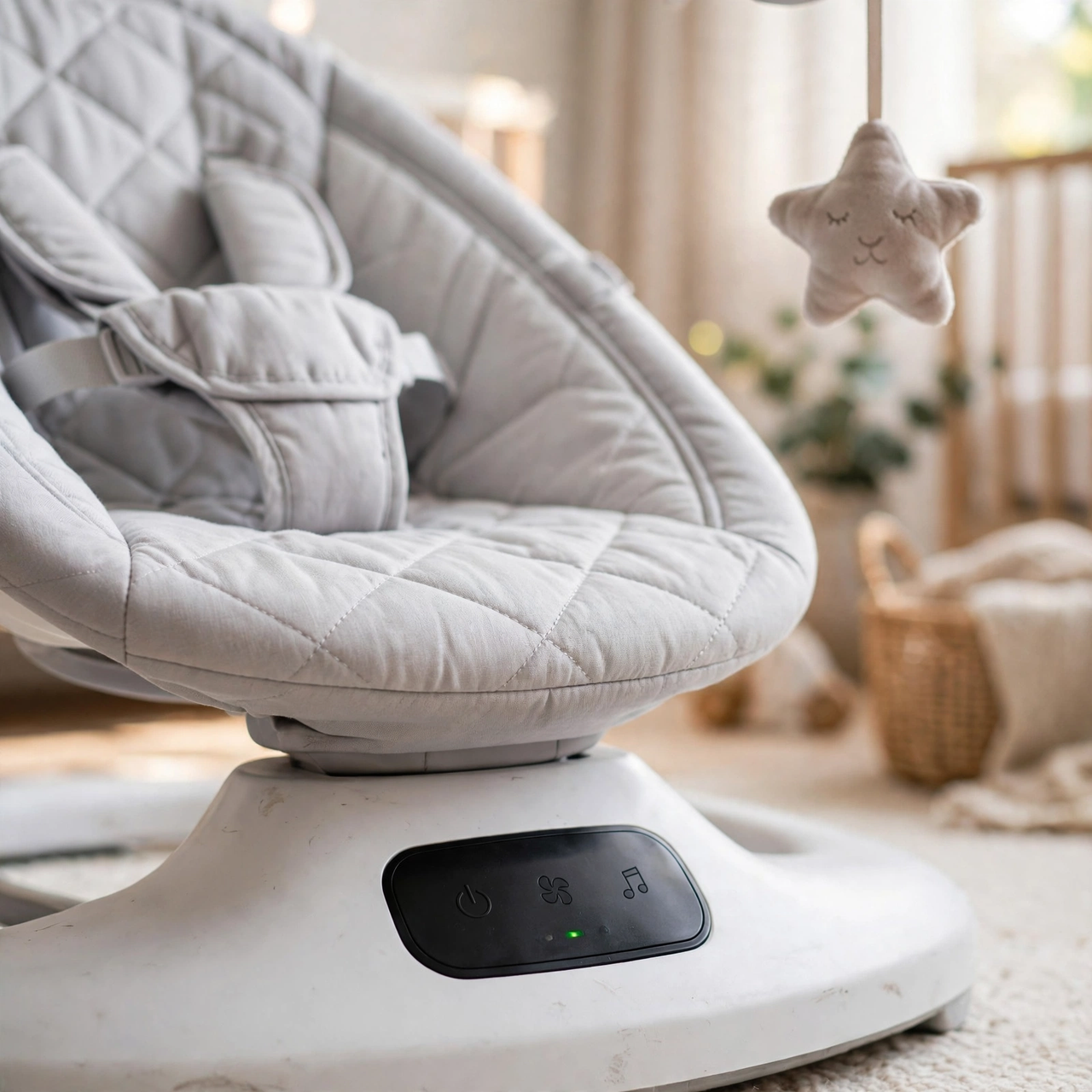 Close-up of the touch control panel of the Kidilo grey baby swing