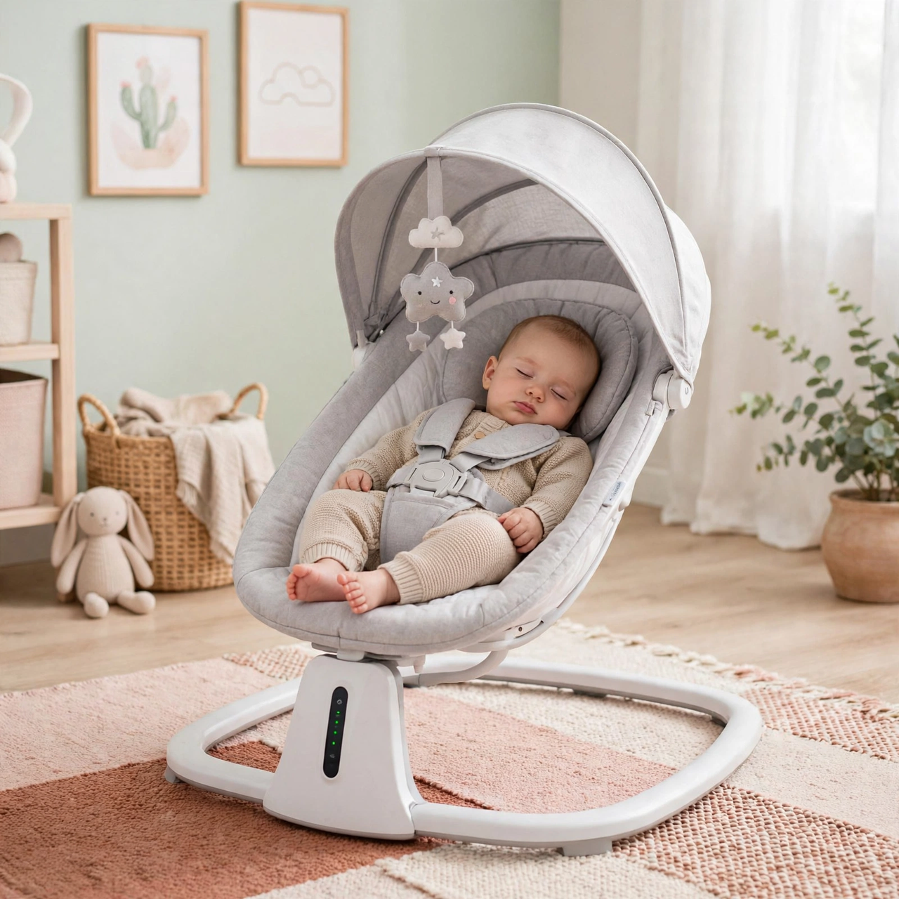 Baby napping under the canopy of the Kidilo grey electric baby swing