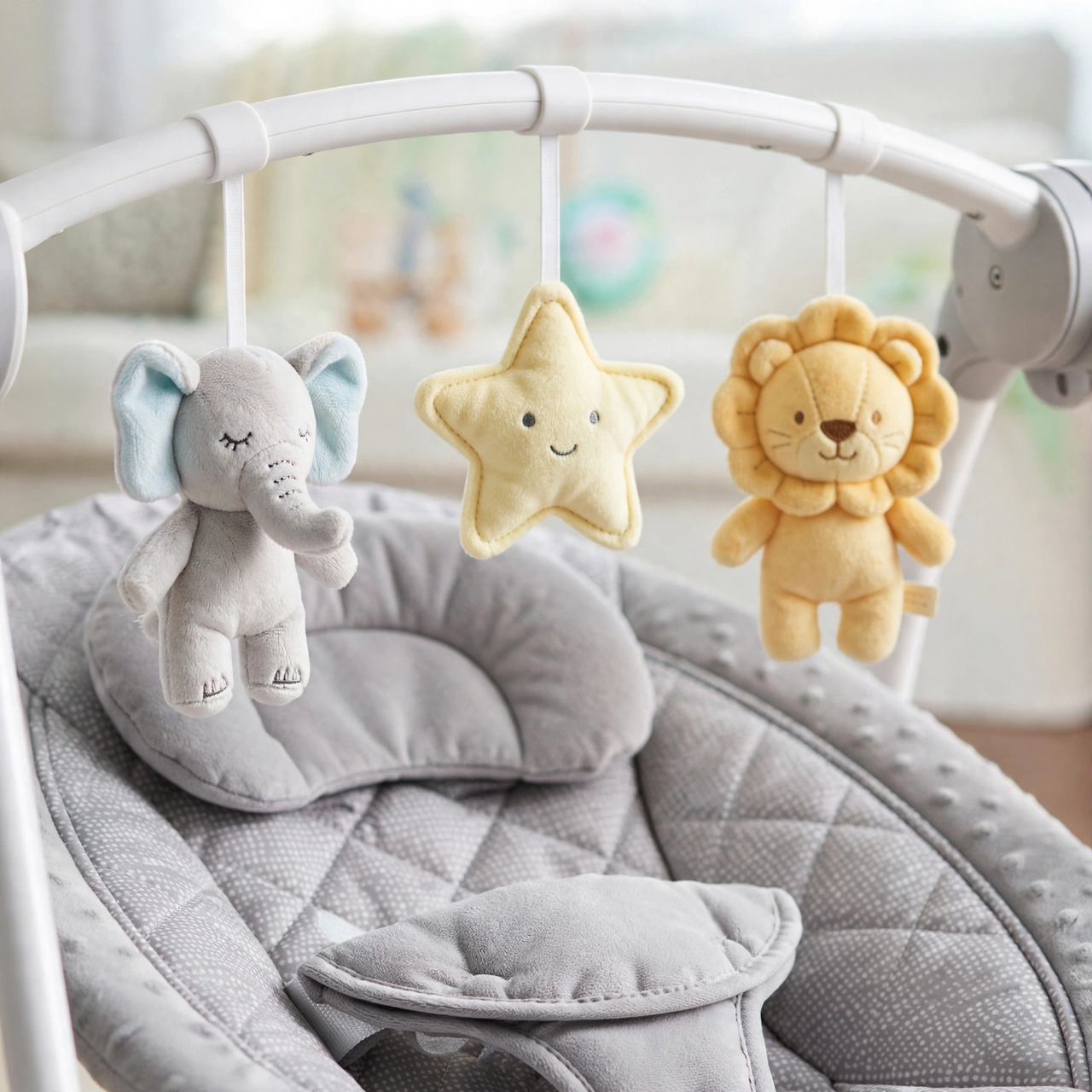 Close-up of the toy bar and padded seat of the Ingenuity baby swing