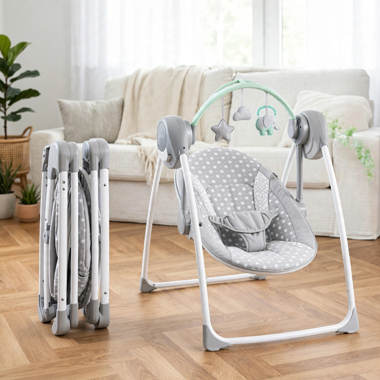 Ingenuity portable baby swing folded flat next to its open version