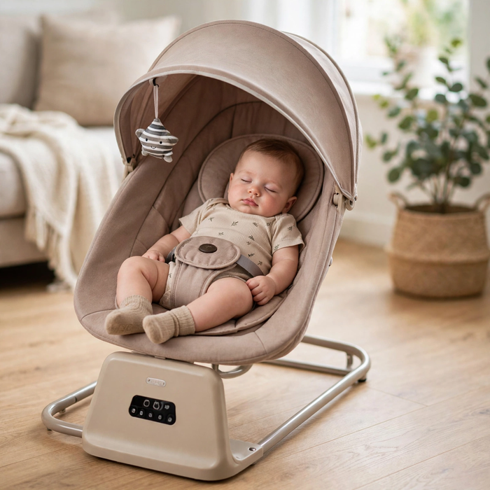 Baby boy reclining in the Kidilo taupe electric baby swing