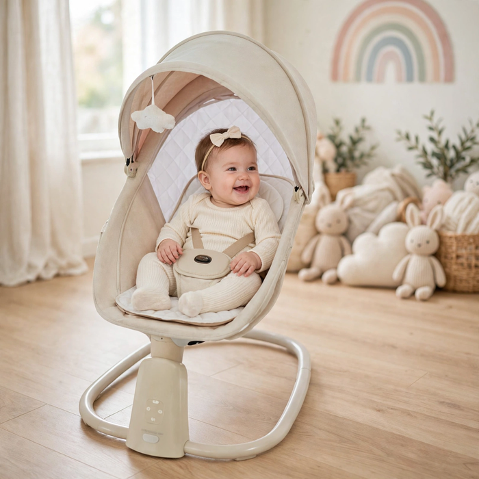 Baby girl in the Kidilo beige electric baby swing in a pastel nursery