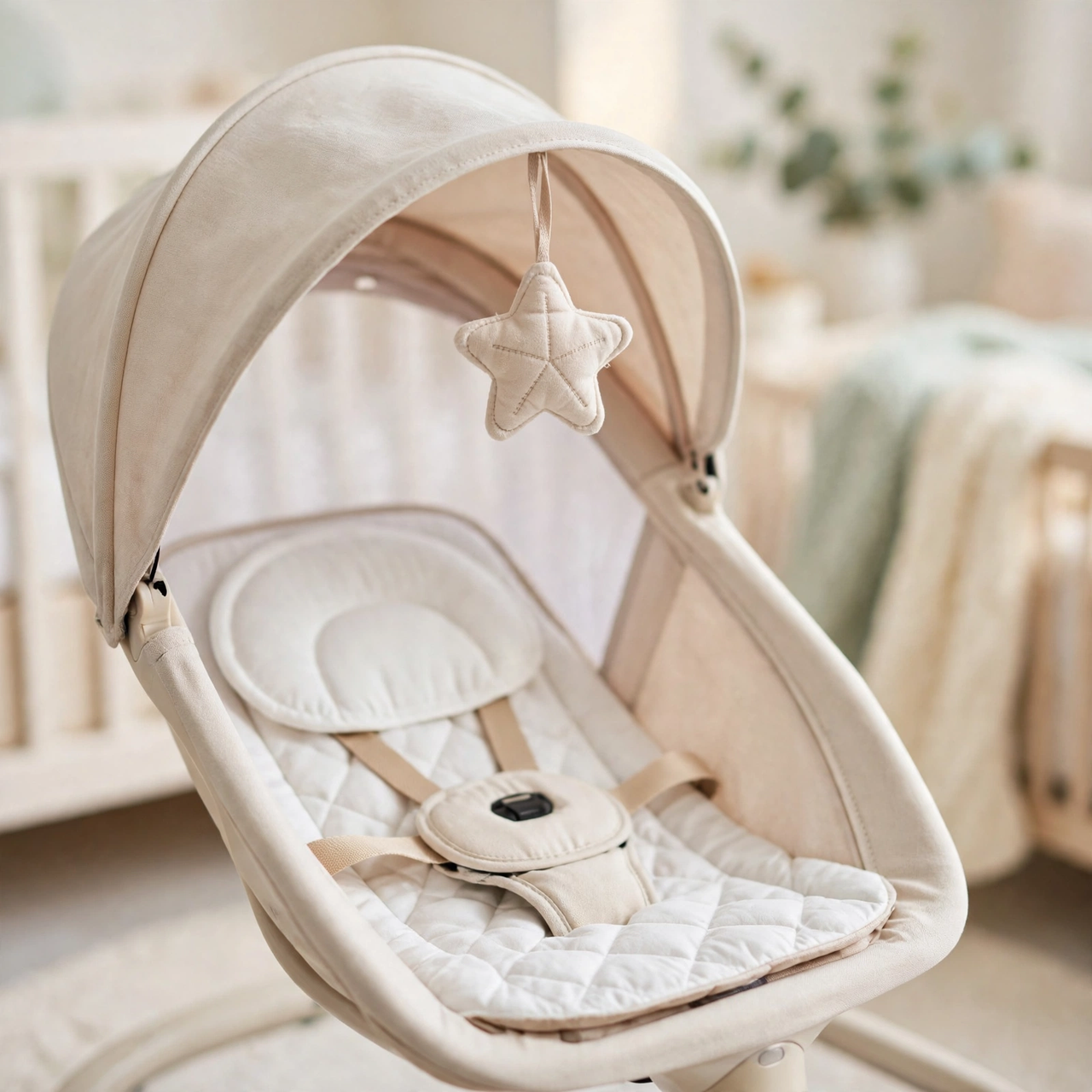 Close-up of the canopy and star toy of the Kidilo beige baby swing