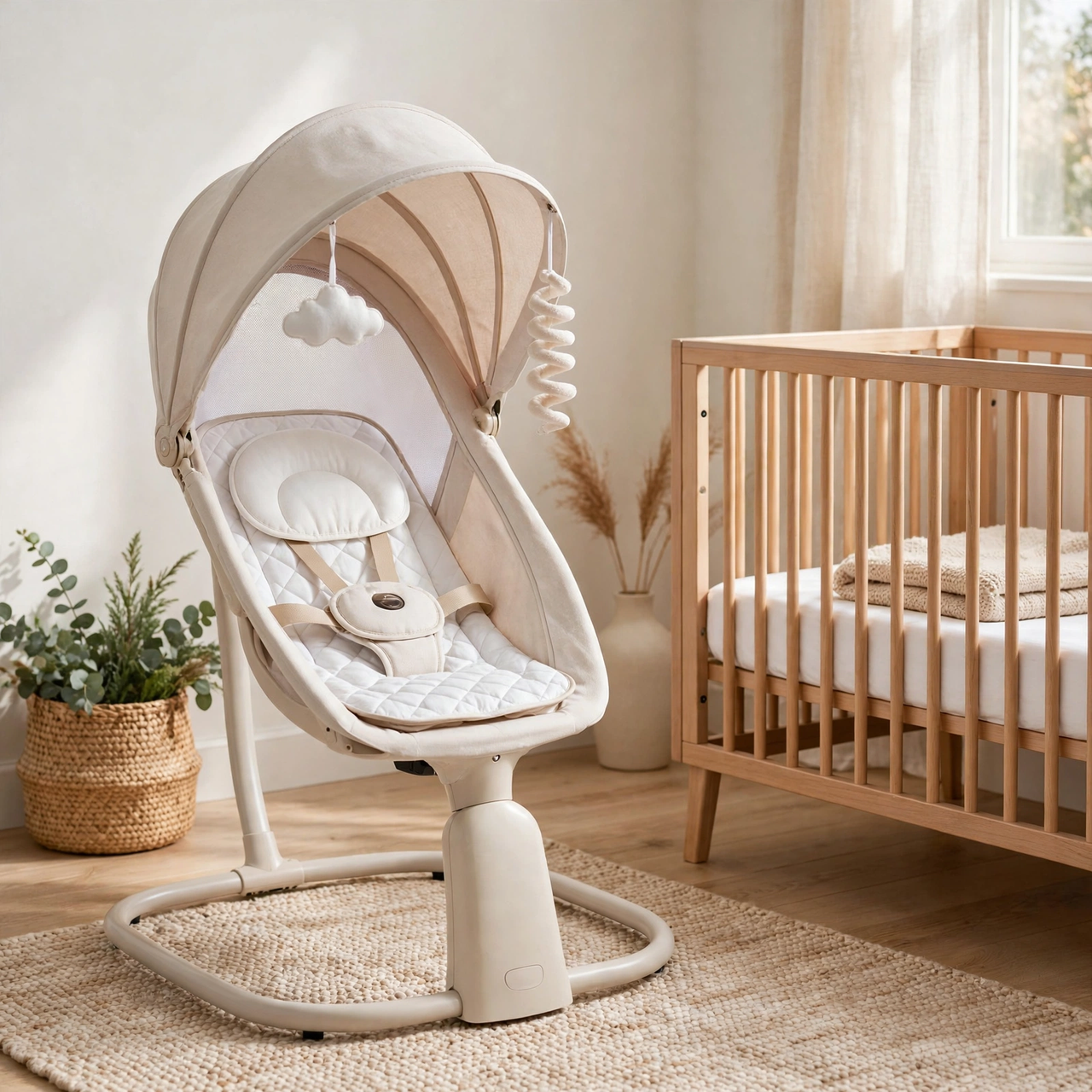 Kidilo beige electric baby swing in a bright bedroom corner