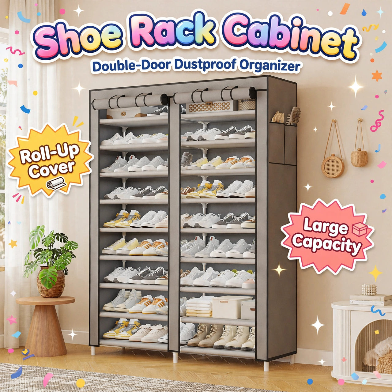BZ Double-Door Fabric Shoe Rack Cabinet