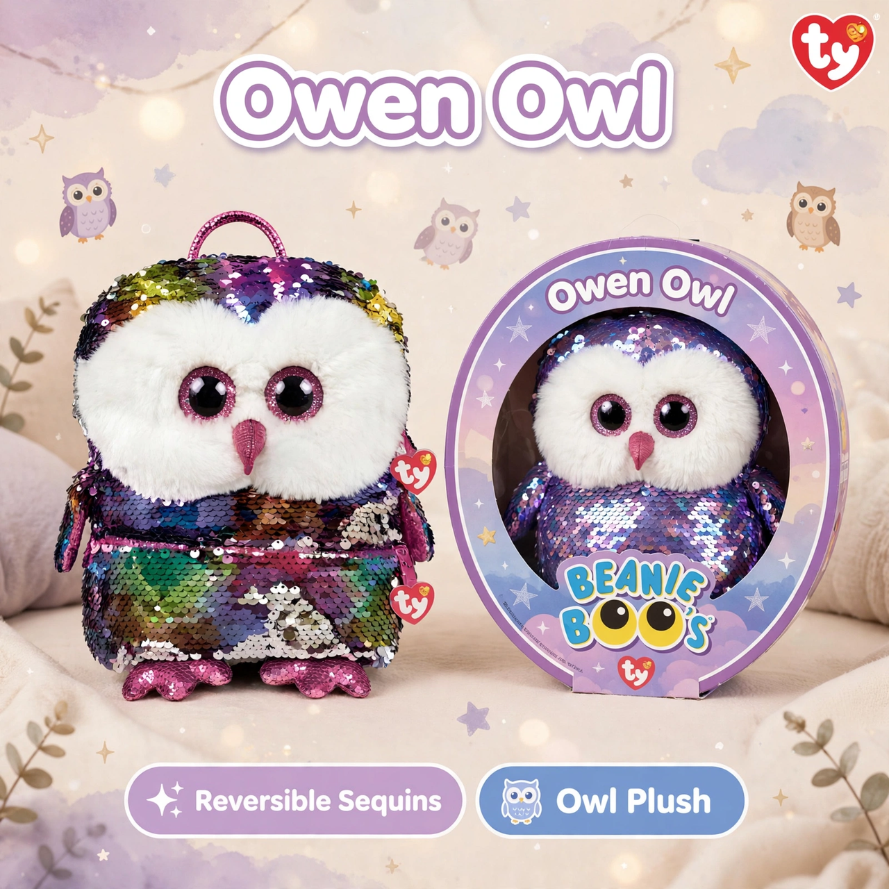 Ty Beanie Boo Owen the Owl Sequin Backpack