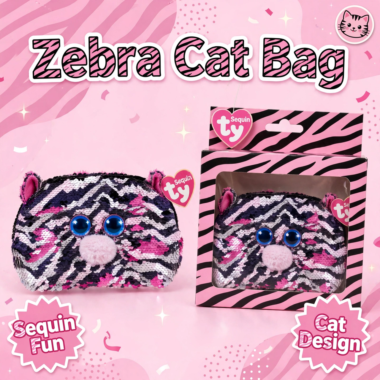 Ty Fashion Pink Zebra Cat Sequin Accessory Bag