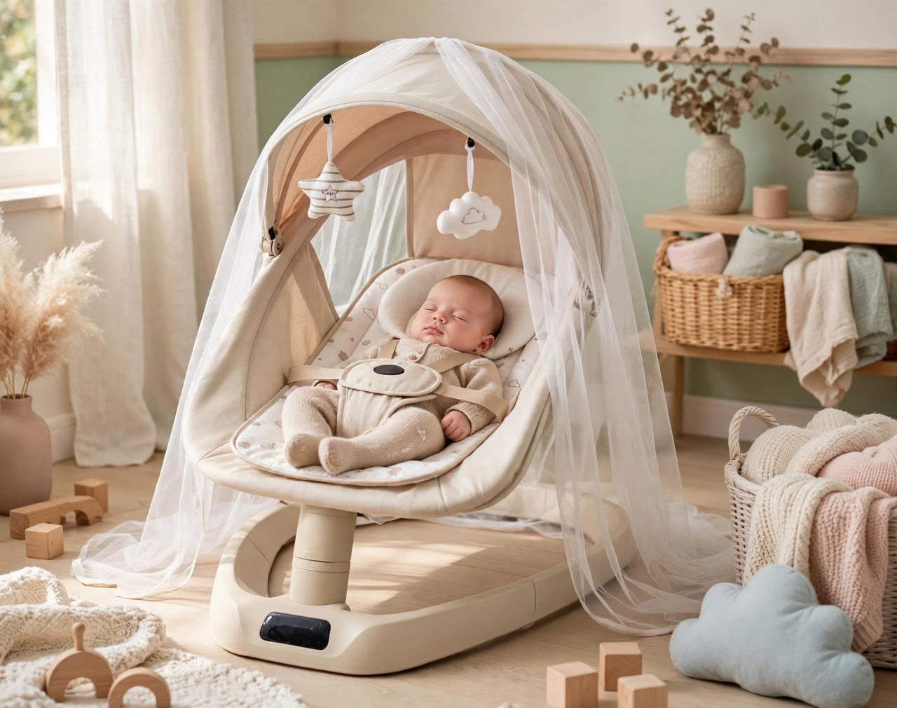 Newborn sleeping in the Kidilo Electric Baby Swing with mosquito net