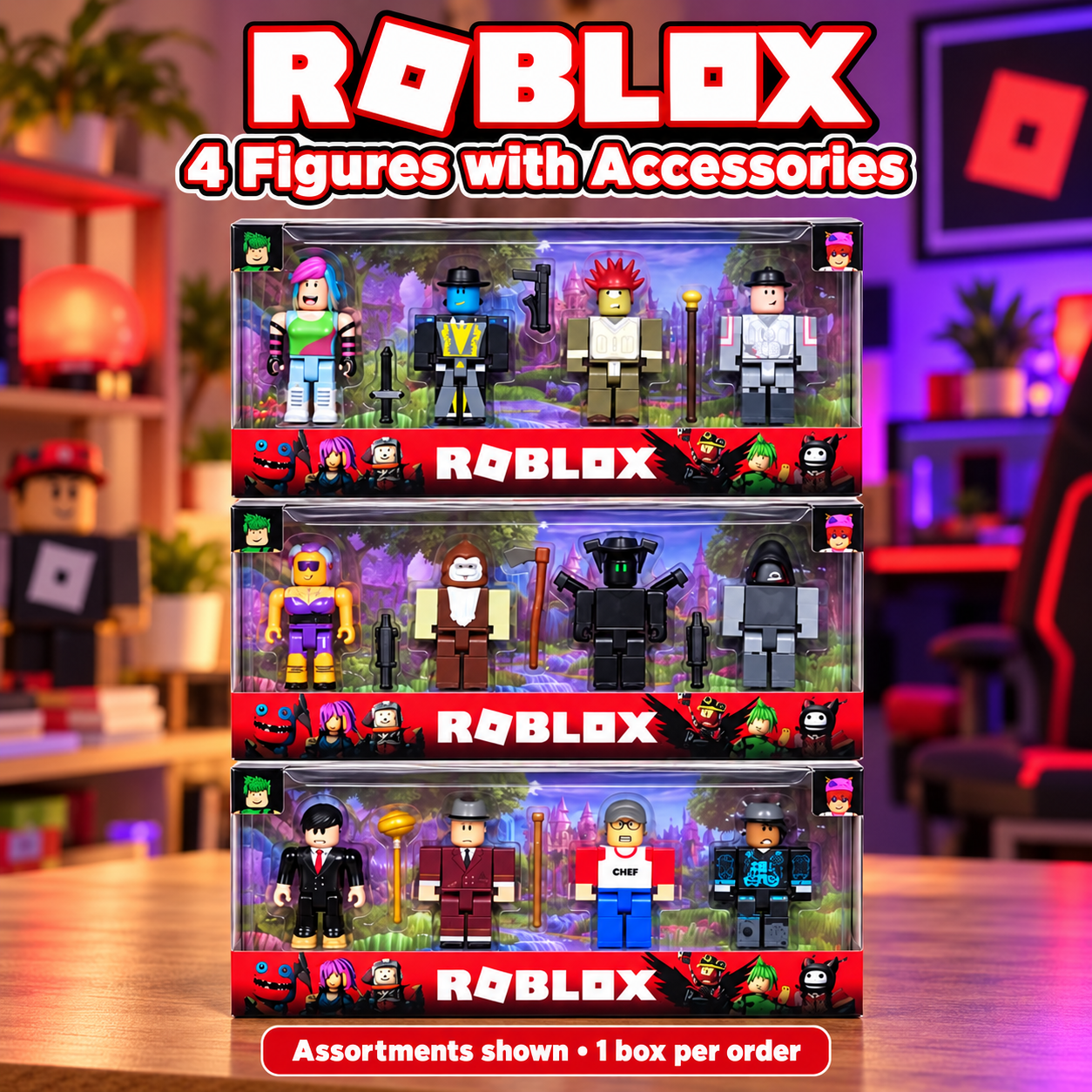 Roblox four-figure set with accessories; assortment options shown, one box per order