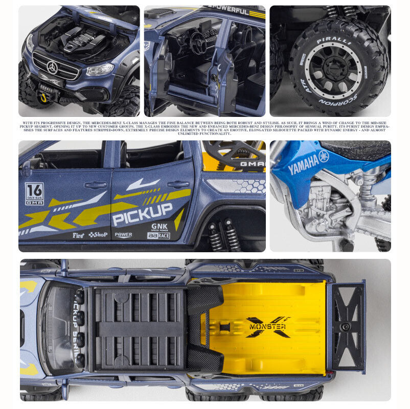 1:24 Benz X-CLASS 6x6 Diecast Pickup With Bike Toy