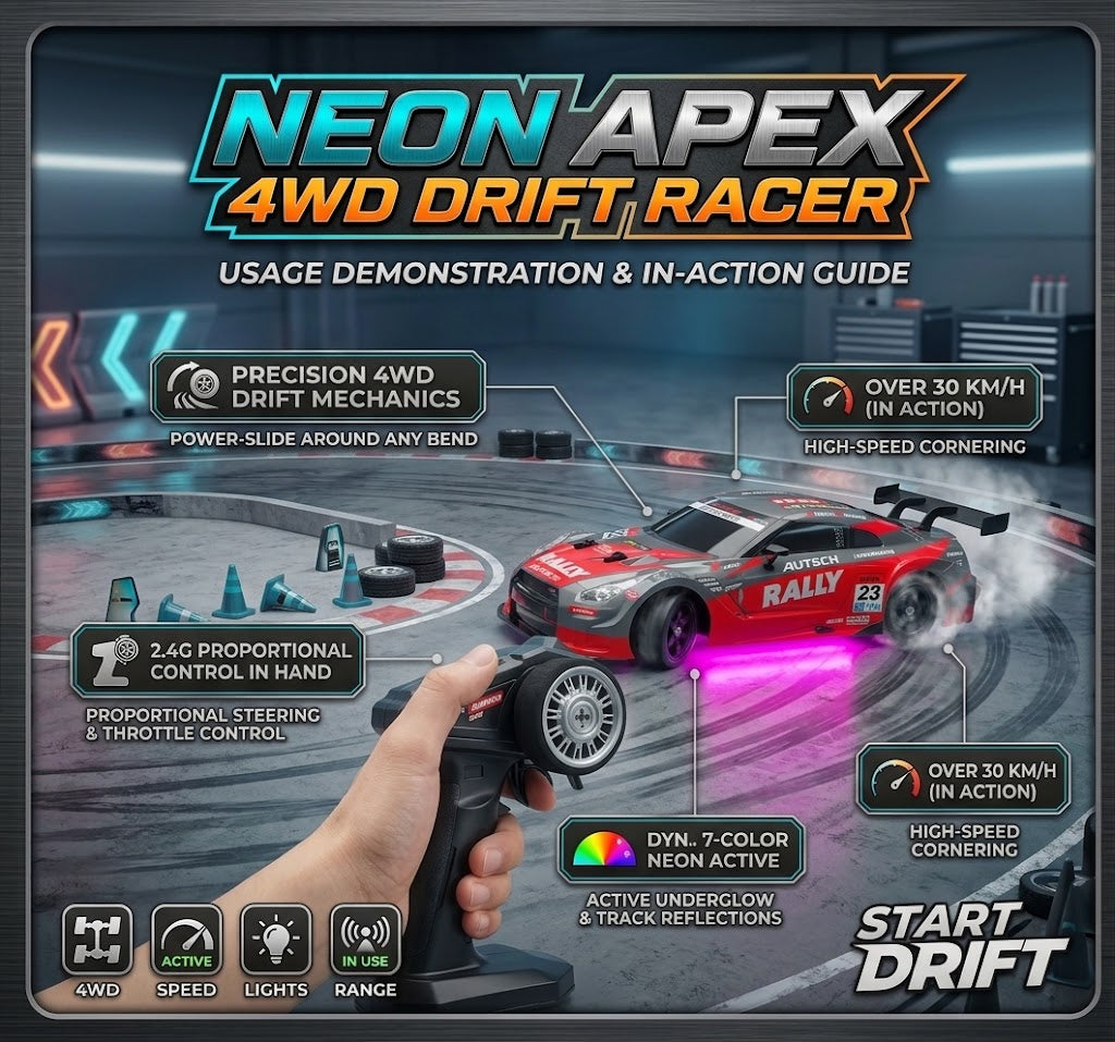 4WD RC Drift Car with 7-Color Neon Lights & Extra Tires – 2.4GHz 30KM/H