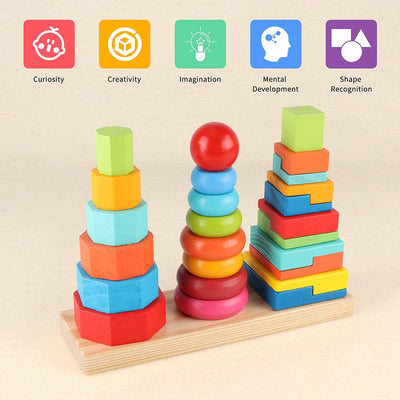 3-in-1 Rainbow Geometric Wooden Stacker