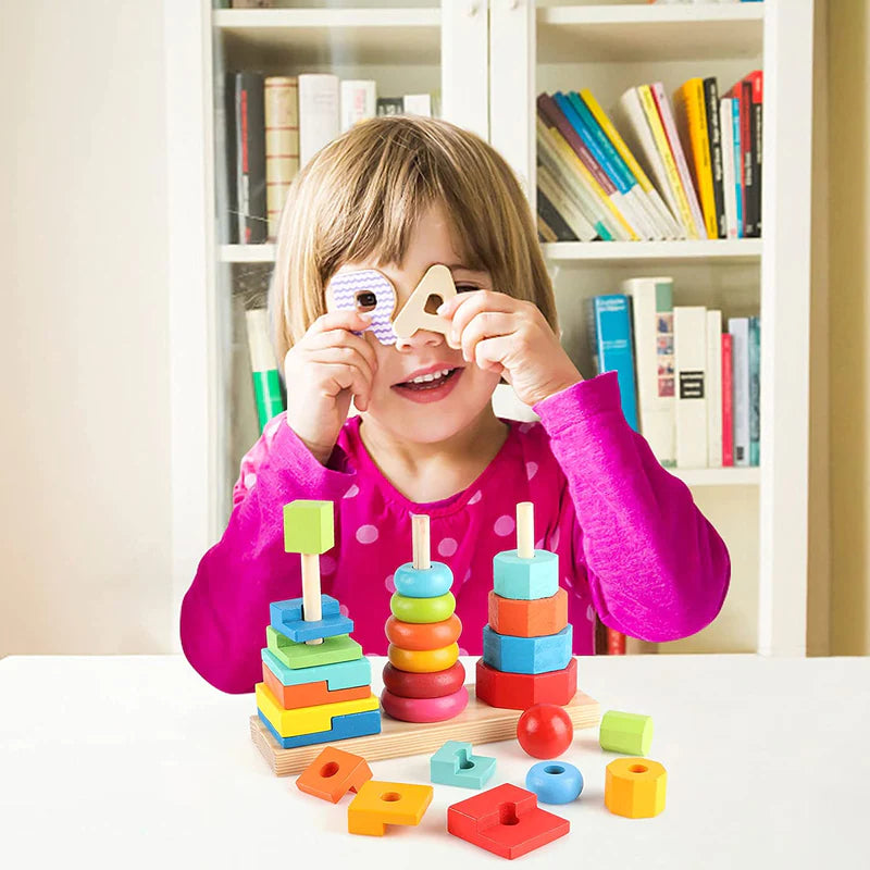 3-in-1 Rainbow Geometric Wooden Stacker