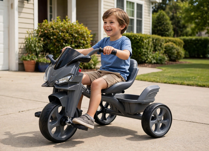 Kid riding the motorbike tricycle in a driveway