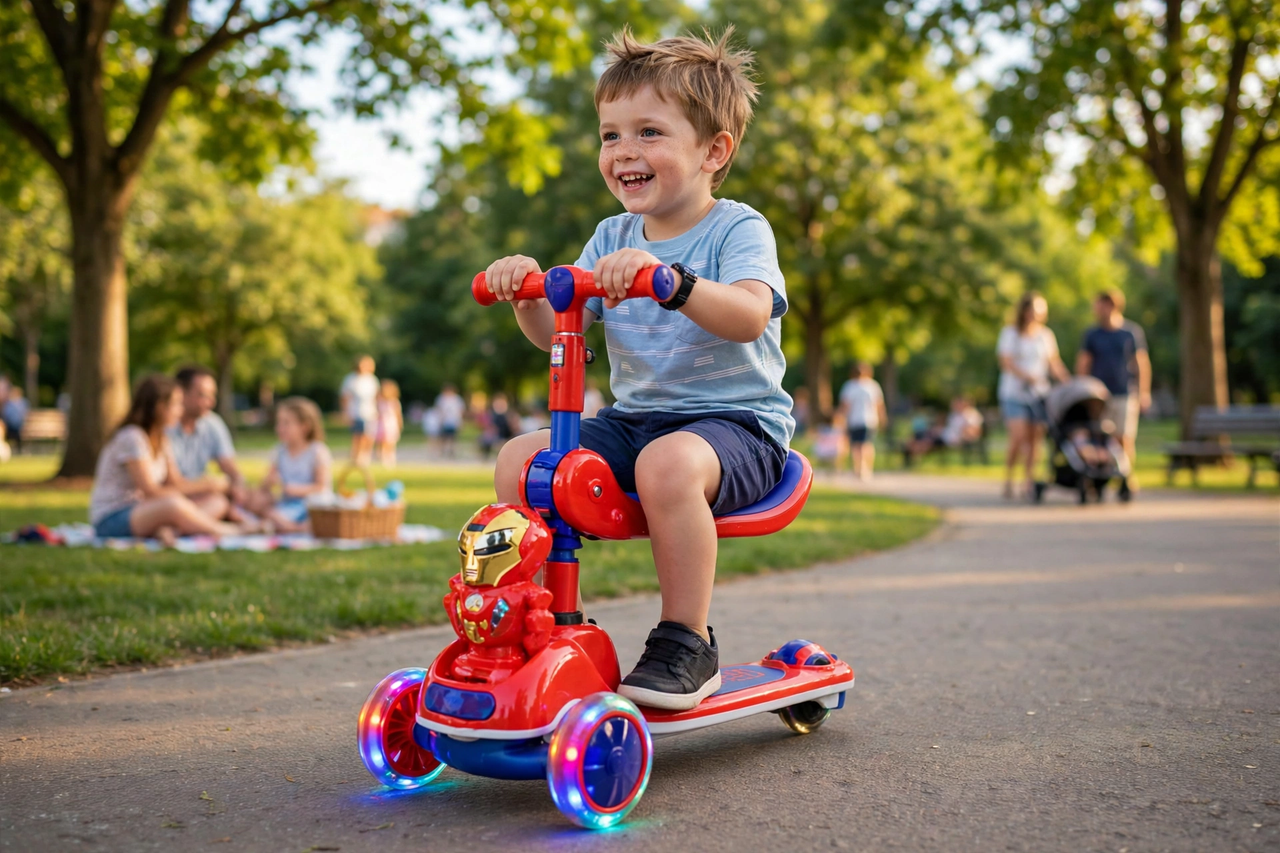 Kid riding the musical 3-wheel scooty with seat in a park