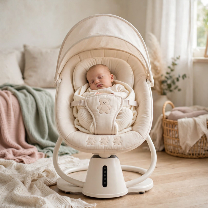 Newborn baby napping in the cream Mastela swing