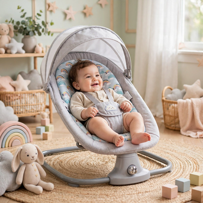 Happy baby being rocked in the grey Mastela swing