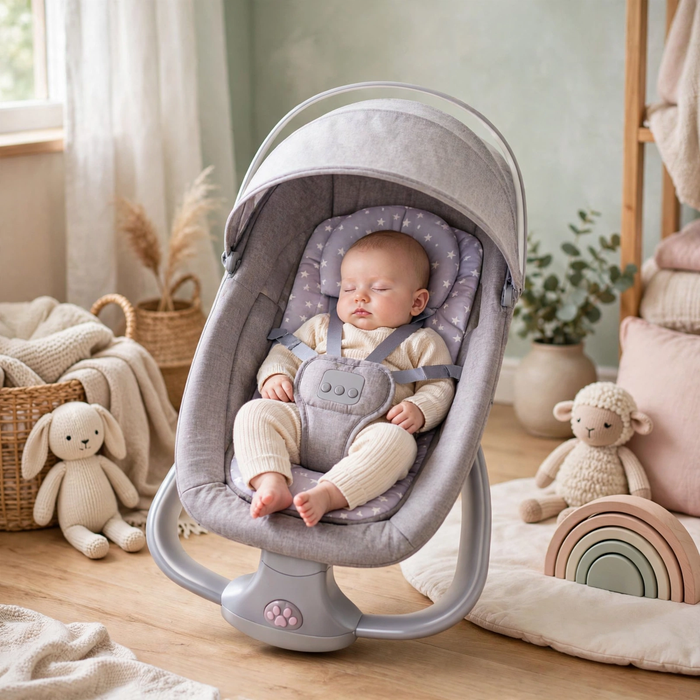 Calm baby resting in the grey Mastela star-print swing