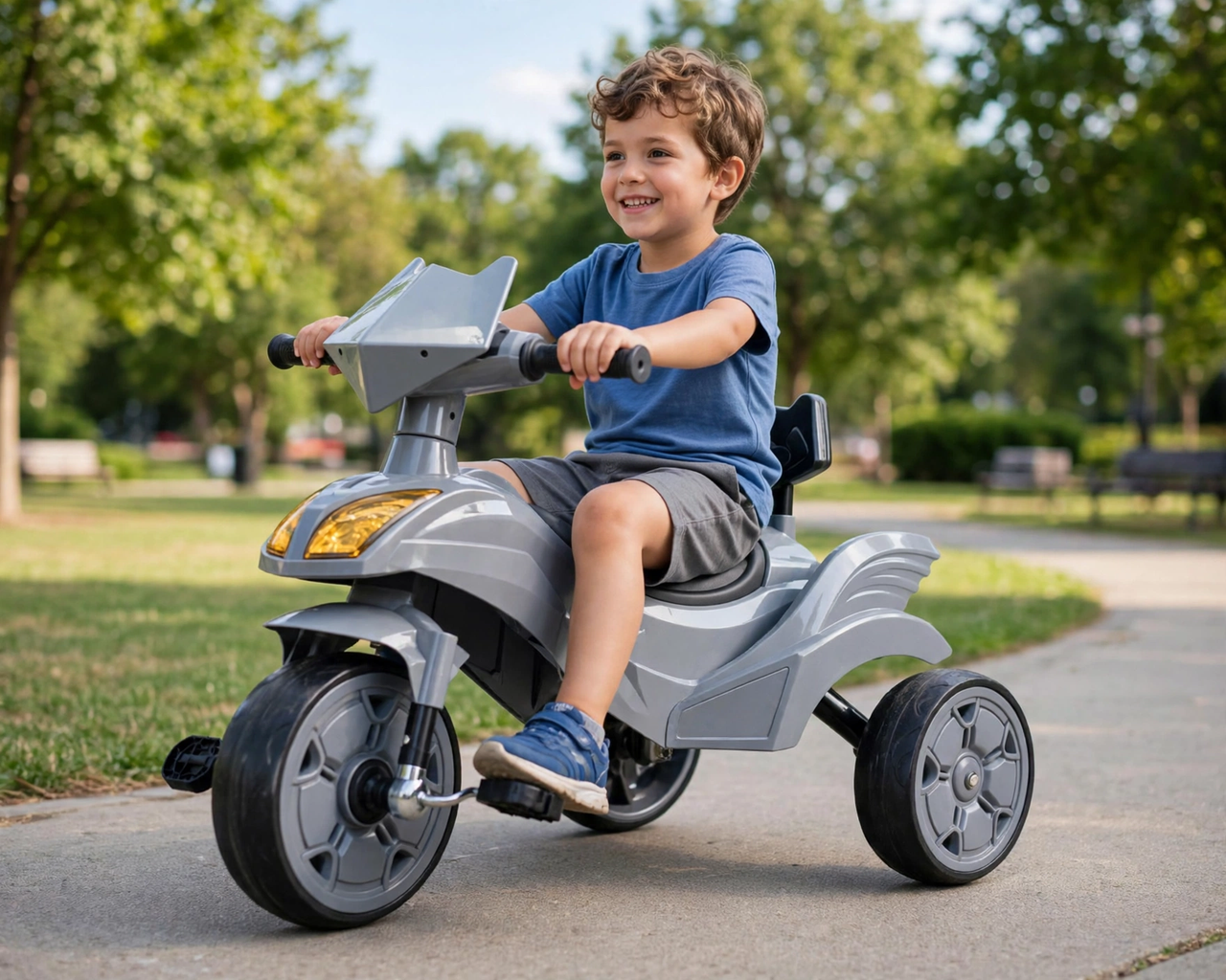 Child riding the motorcycle tricycle in a park