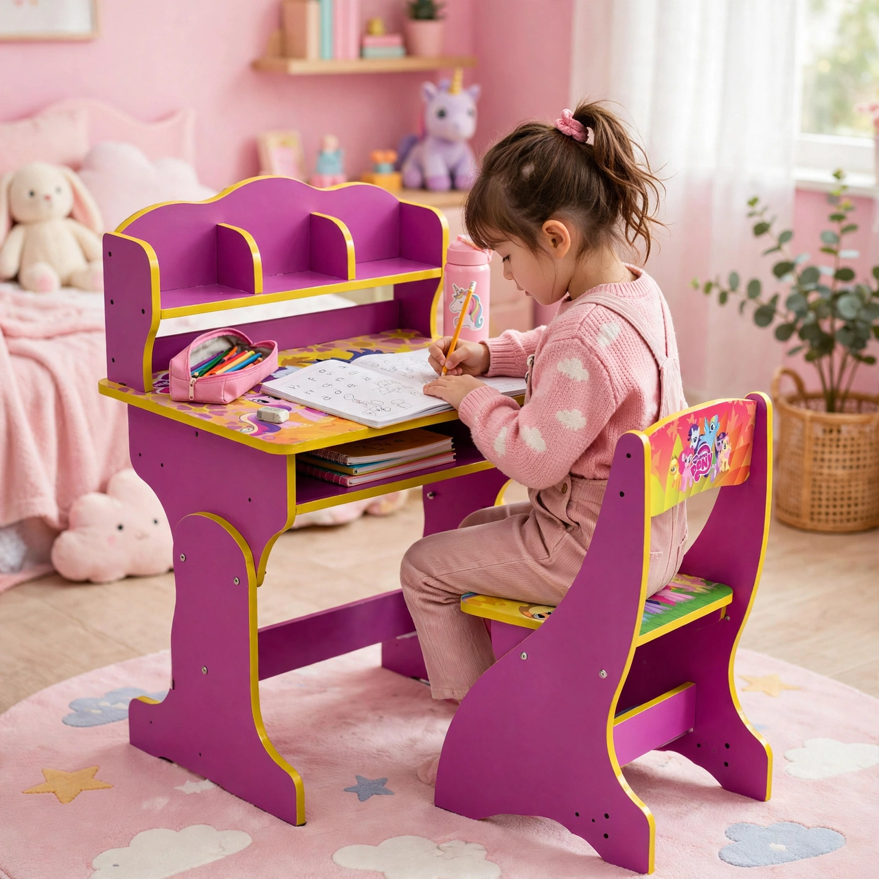 Pony Theme Kids Study Desk with Chair - lifestyle