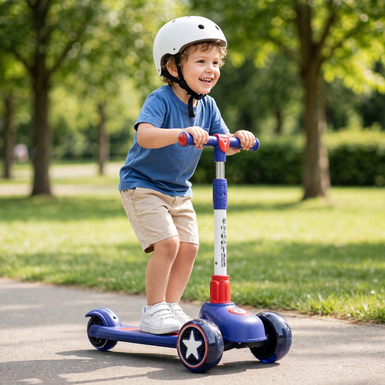 Child riding the blue star scooty in the park