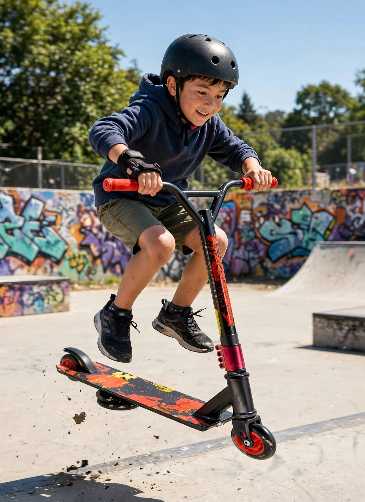 Kid doing a trick on the red stunt scooty at a skatepark